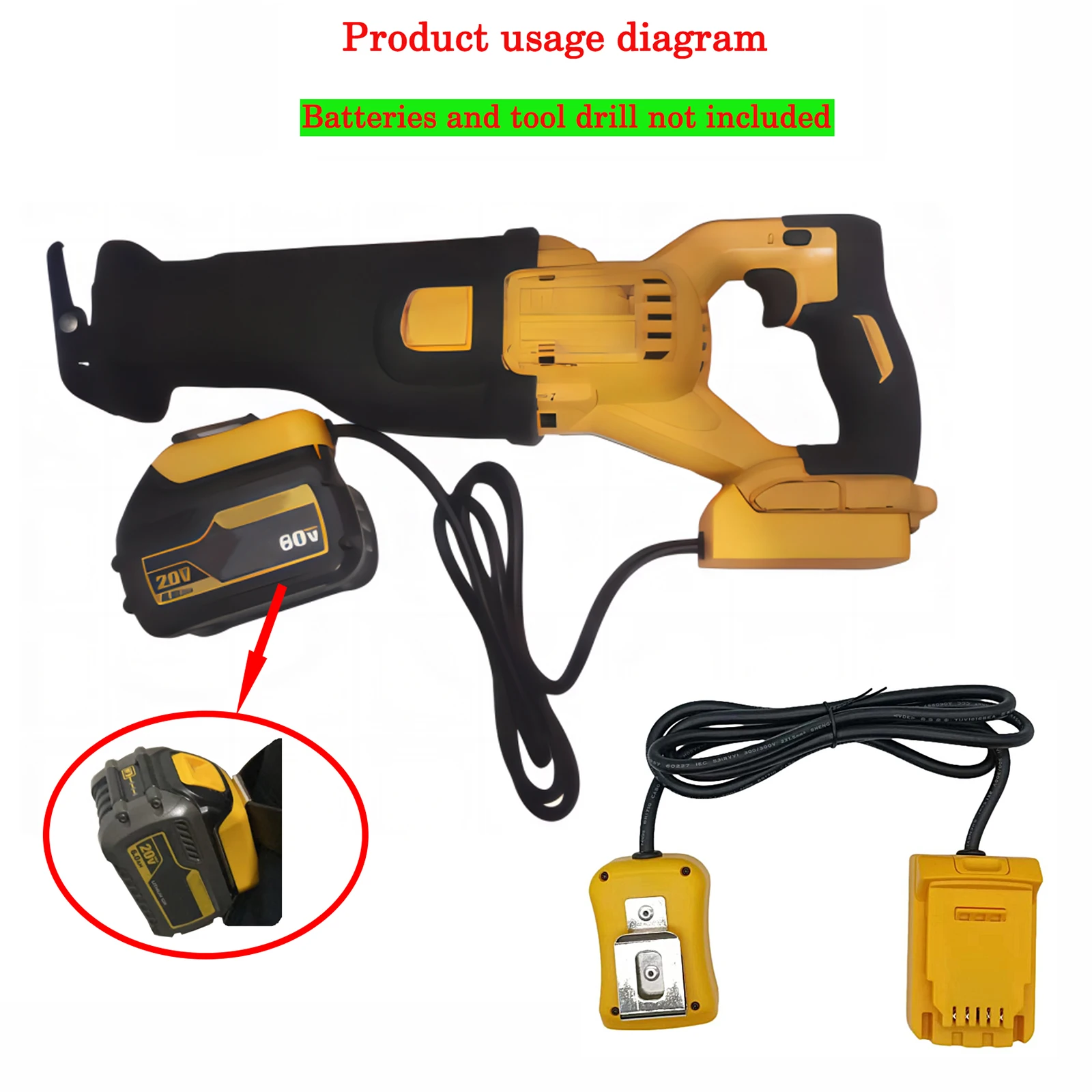 Battery Adapter with Extension Cord with Belt Clip for 60V Interface Series Power Tools Lithium Battery Extension Cord Tool