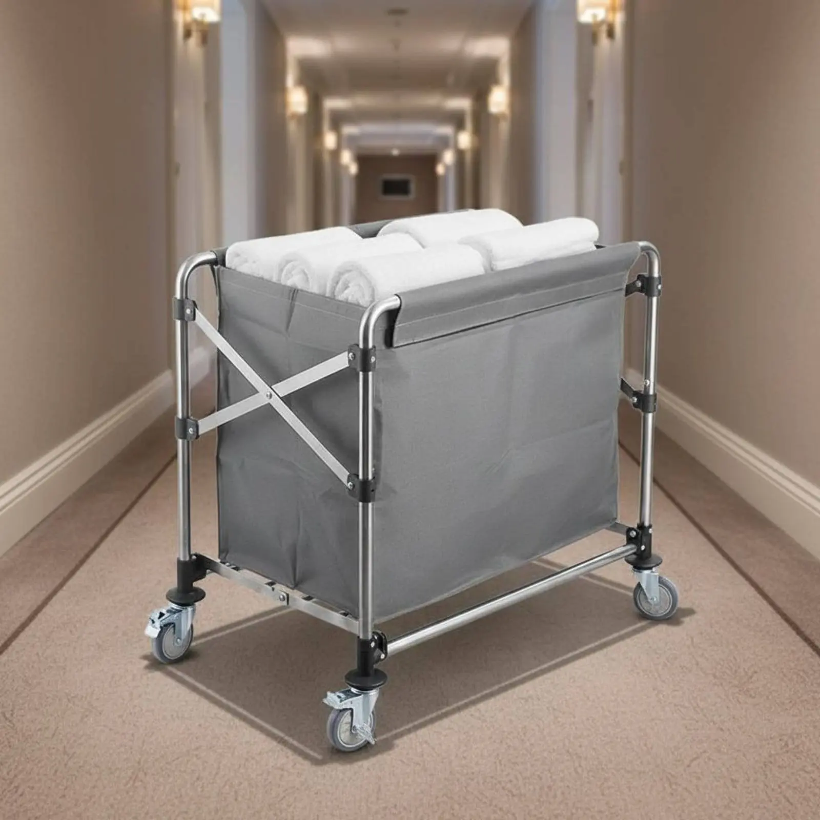 

Foldable Linen Trolley Large Capacity Foldable Laundry Cart Rolling Laundry Hamper Sturdy Duty Stainless Steel Cleaning Cart