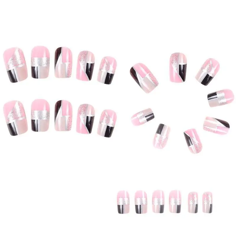 Uñas postizas con purpurina para chica mediana, accesorio de color Negro, Rosa, 24 piezas, Cabeza Cuadrada francesa, de acrílico, extraíble