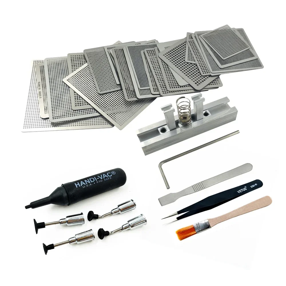 Universal Schablonen Vorlage Stahl Net Full Kit BGA Reball Reballing Silber Stahl Mit Stand Vakuum Saug Stift Pinzette Schaber