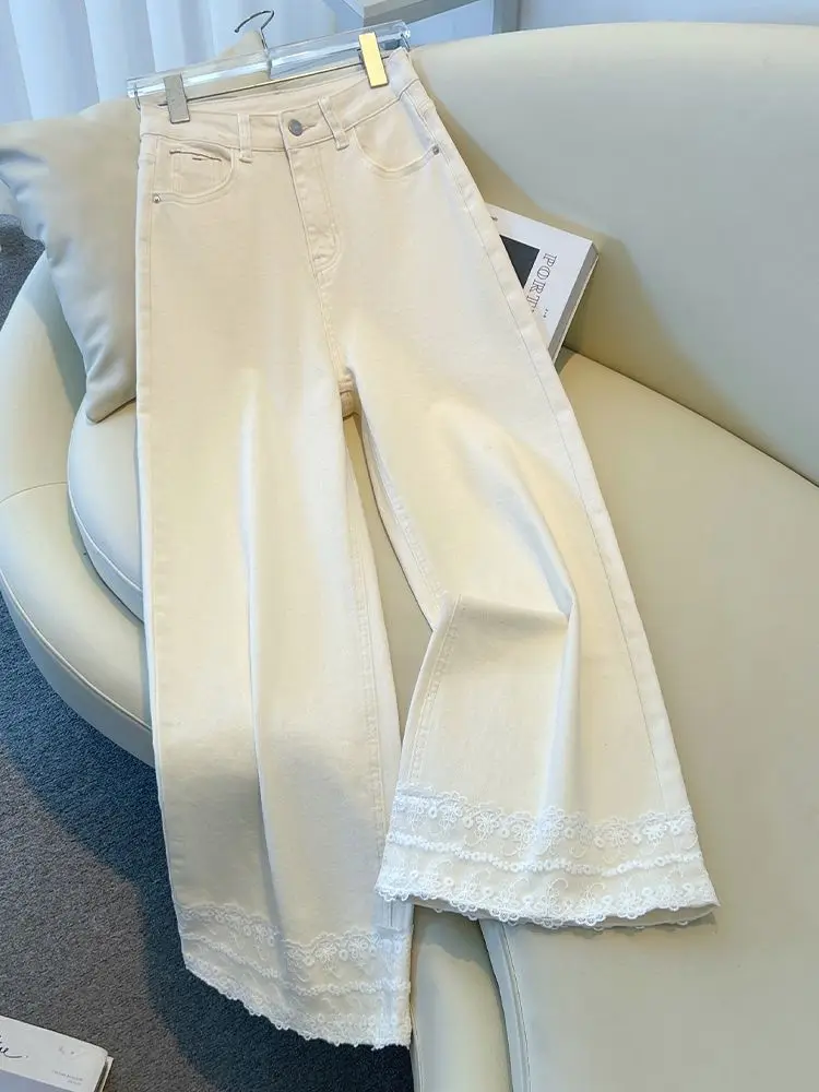 2026 nuove donne bianche a vita alta jeans a gamba larga pizzo trim pantaloni in denim vestibilità ampia primavera estate moda casual pantaloni dimagranti