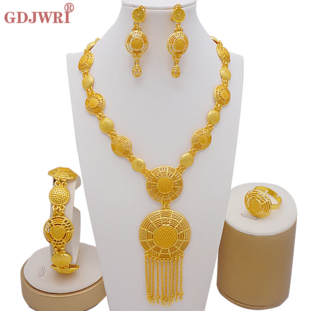 

Indian Luxury 24K Ethiopian Gold K Designer Jewelry Sets For Women Necklace Earring Bracelet Ring Dubai Bridal Jewelery Set Gift