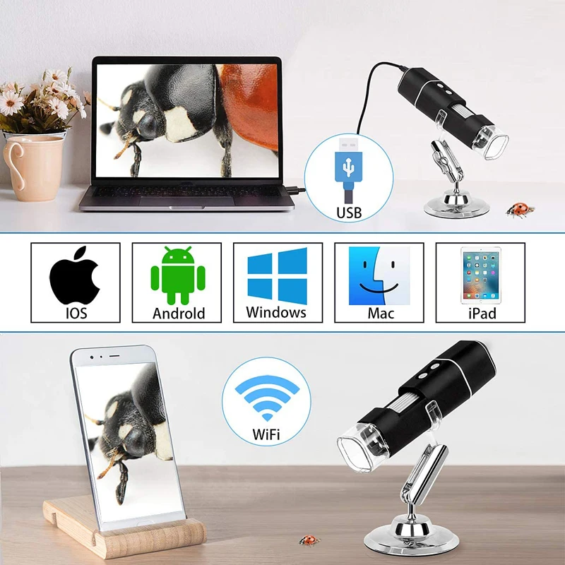 Wireless Handheld Digital Microscope 1000X Portable USB WiFi Microscopes Magnifier With 8 LED Bracket For Android IOS PC