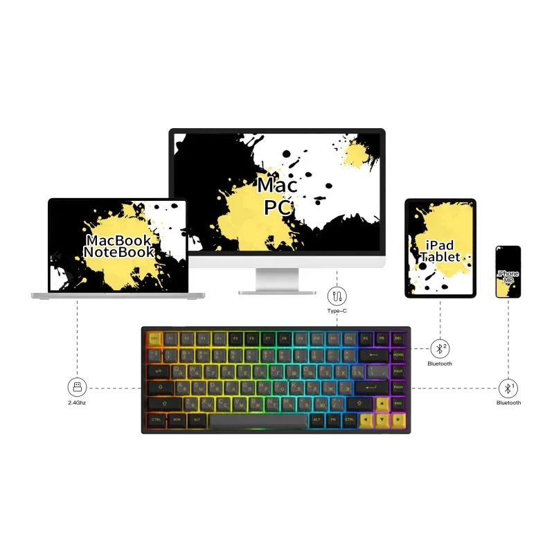 Imagem -02 - Teclado Mecânico para Jogos sem Fio Akko Preto e Dourado Rgb Hot-swap 84 Teclas Multimodo com Asa Russo Cereja 3084b