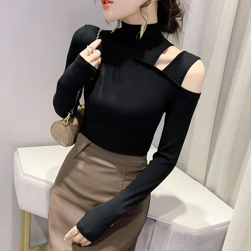 เสื้อยืดแขนยาวเซ็กซี่โชว์ไหล่ทรงเข้ารูป คอสูง สไตล์สตรีทแฟชั่น สำหรับฤดูใบไม้ร่วง หลากสี