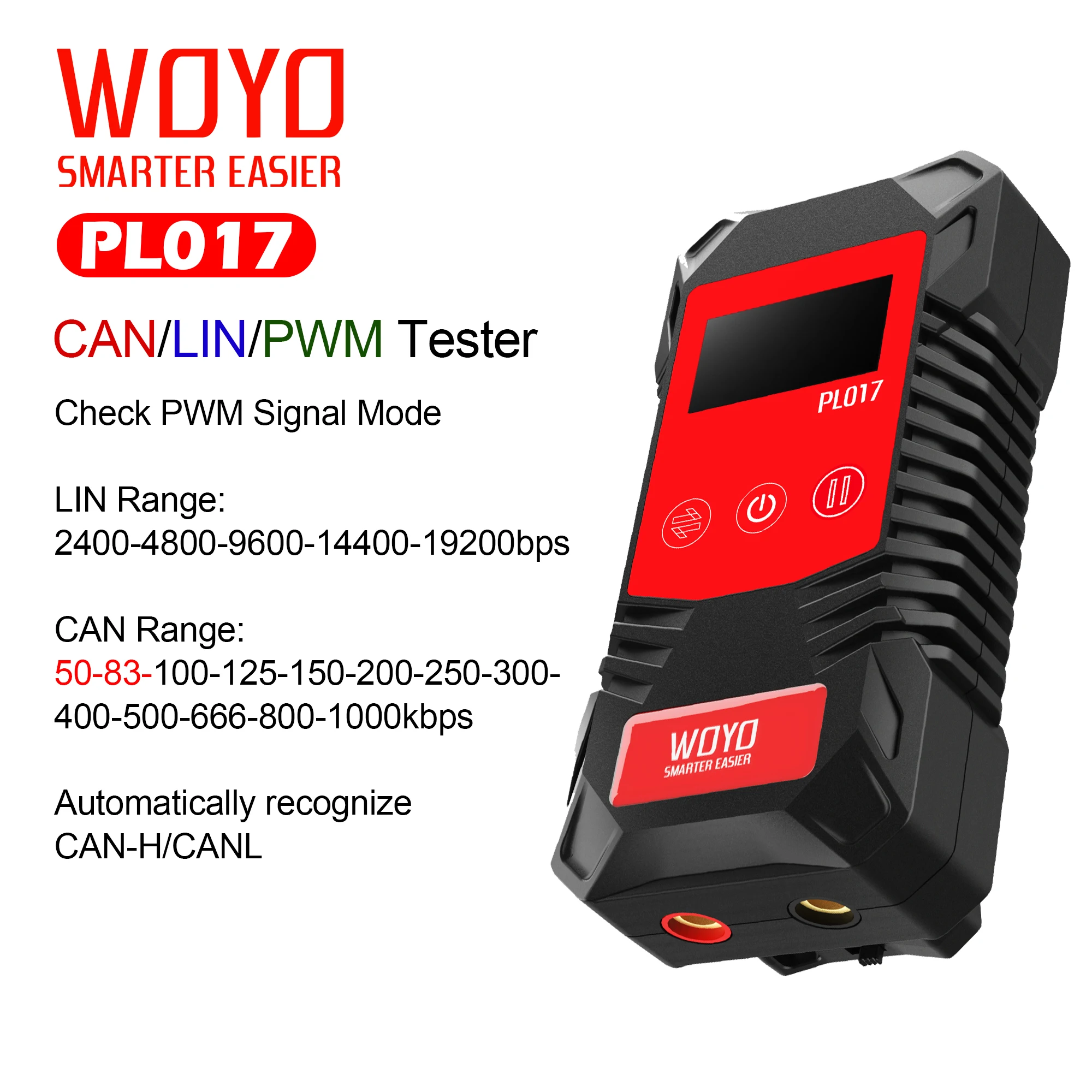 WOYO PL017 CAN LIN PWM Tester Auto-recognize CAN-H & CAN-L Check PWM Signal Mode Read Baud Rate for Automotive Diagnostic Tools