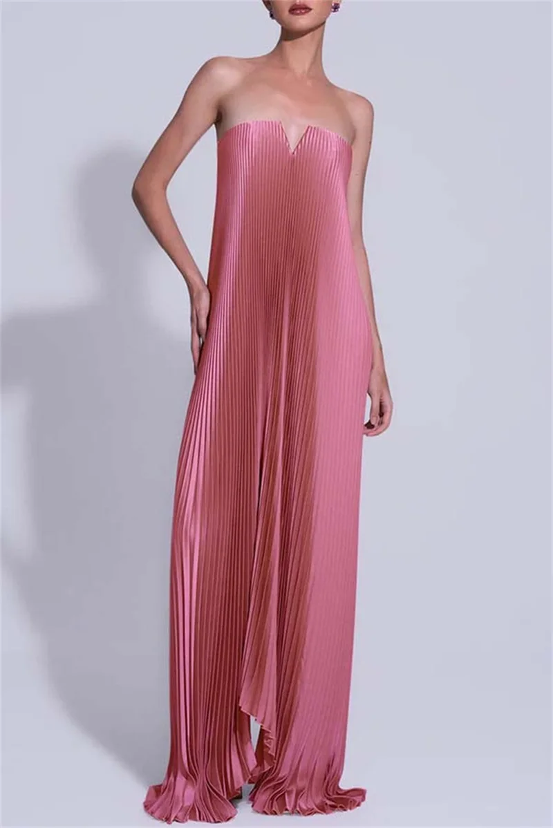 Golden Prom Dress Sexy Strapless Sleeveless Pleated Ruffles Long Sheath Party Gown Formal Bridal Wedding Birthday Evening Robe