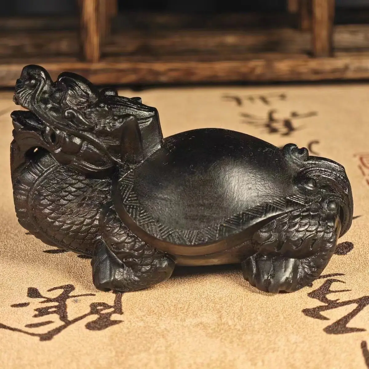 Hand‑Carved Black Tortoise Xuanwu Dragon Turtle Figurine, Solid Wood Hand Piece, Mythical Beast Statue, Car & Desktop Ornament