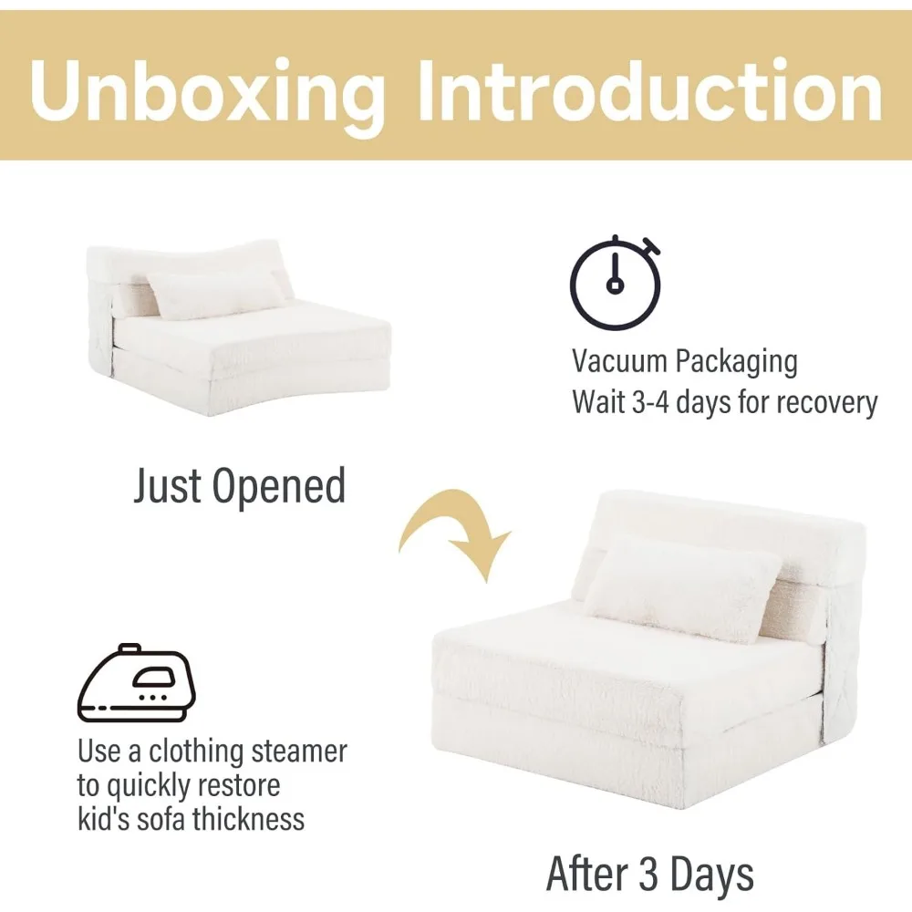 أريكة سرير للأطفال قابلة للتحويل مع مرتبة رباعية الطي، وسادة، أريكة قطيفة، تخزين محمول، كرسي للاسترخاء المريح