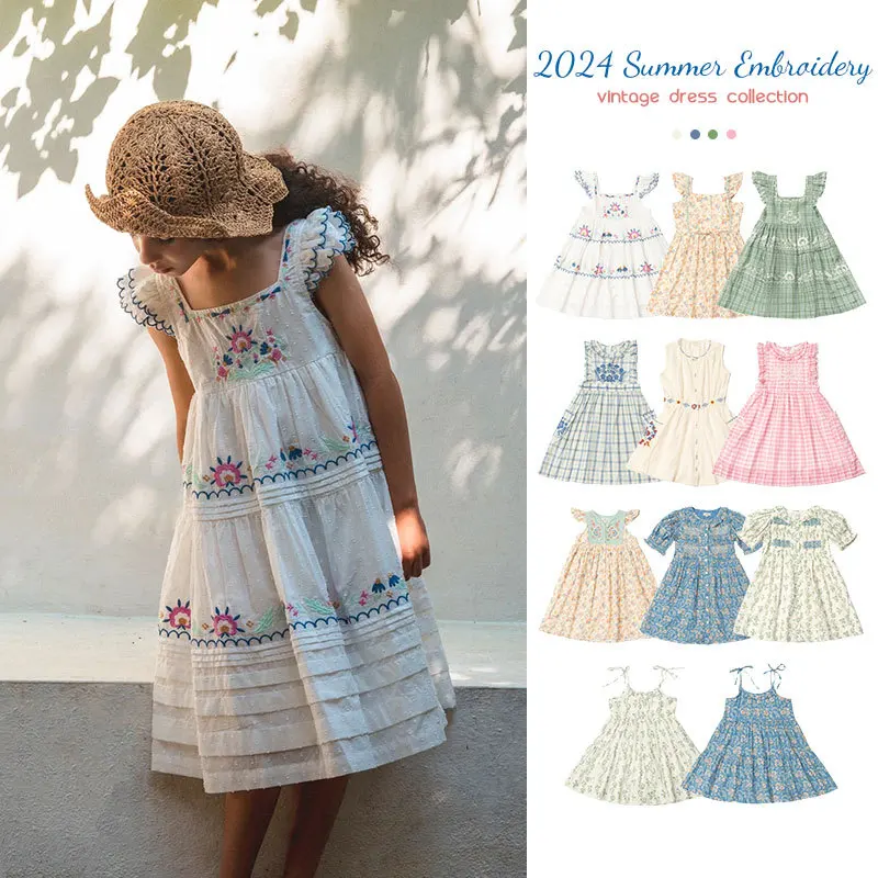 

Girls Dress 2024 Summer New Vintage Style Embroidery Printing Children's Dress Cotton Cute Princess Dress Children's Clothing