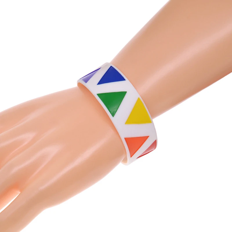 25 Pcs One Inch Wide Colorful Triangle Logo Pride Silicone Wristband Gay Pride Awareness Bracelet White