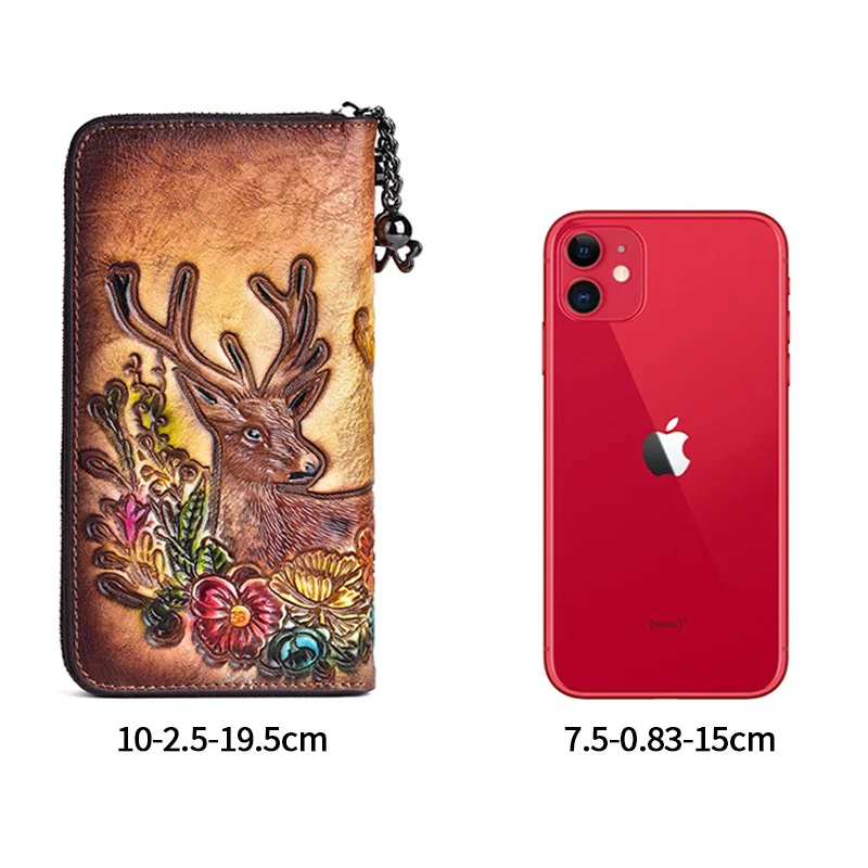 MOTAORA Vintage Women Long Wallets Deer Pattern Bag 2024 Genuine Leather Handmade Embossing Ladies Wallet Phone Bags Woman Purse