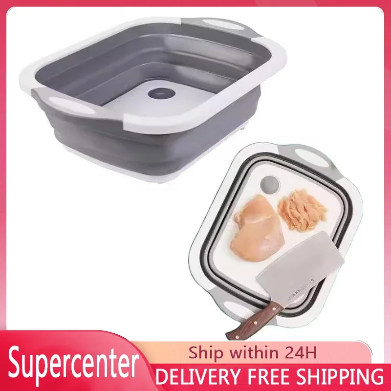 2 in 1 Folding Wash Basin Built-in Sink Plastic Chopping Board Sink Bucket for Outdoor Household Travel Campimng Travel Picnic
