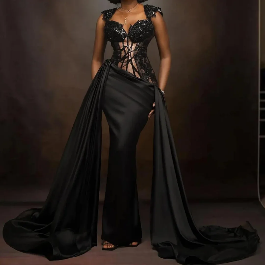 

Элегантное черное вечернее платье Aso Ebi со шлейфом по бокам, африканское вечернее платье с блестками и бисером, свадебное платье