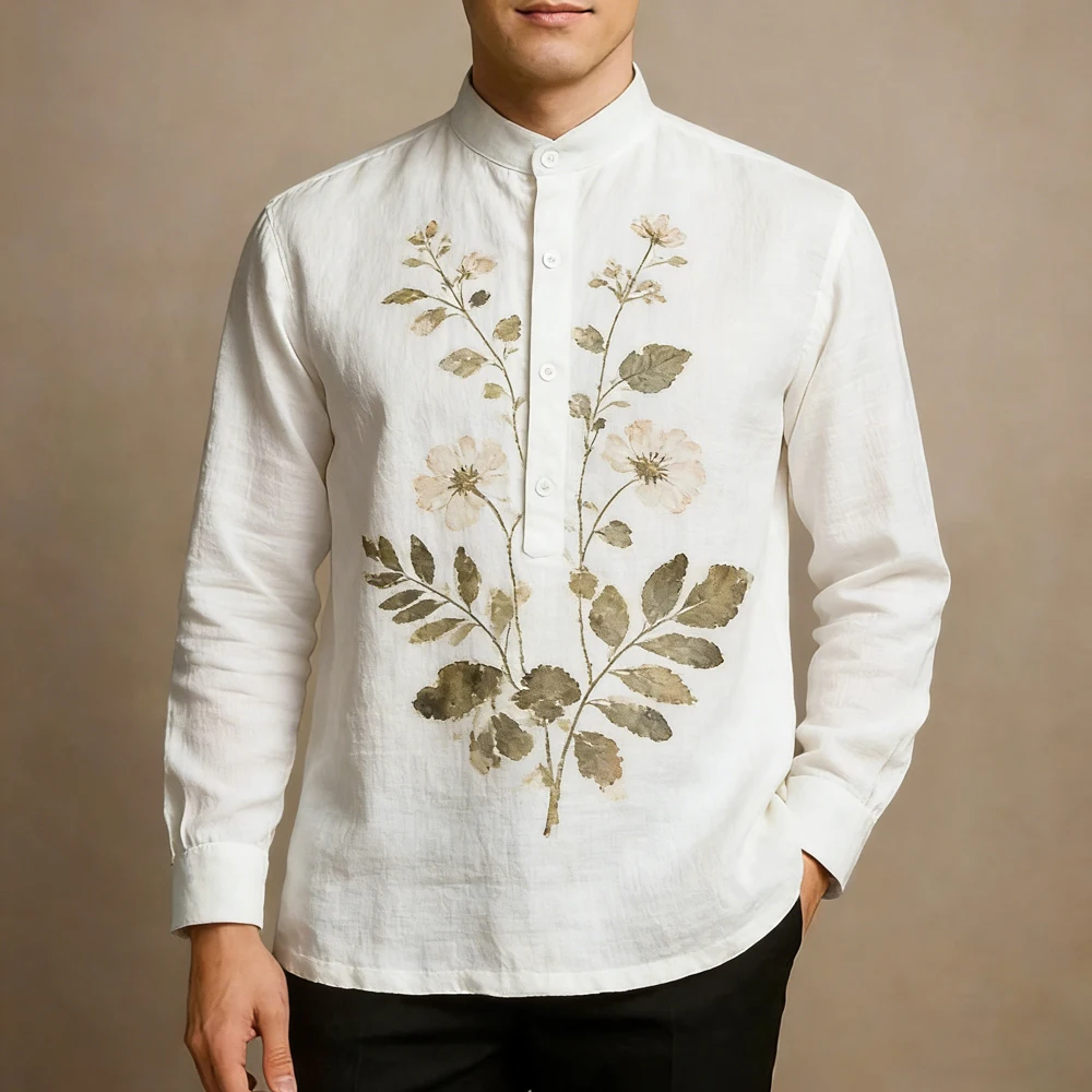

2026 Men's Linen Long Sleeve Shirt Plant Geometric HD Printed Shirt Hawaiian Outdoor Vacation Men's Tops Fast Shipping For you