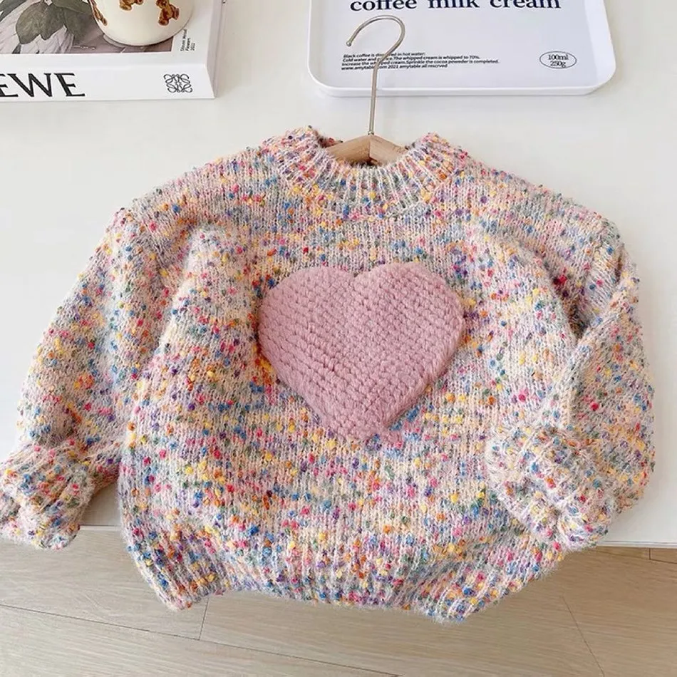 Children's Clothing Spring Autumn Girls Fashion Thickened Knitted Pullover Sweater Children's Three-Dimensional Love Colored Top