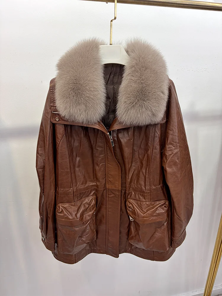 2026 Women's Warm Natural Fox Fur Collar Coat Real Genuine Sheepskin Leather Jacket Goose Down Jacket Luxury Female Coats