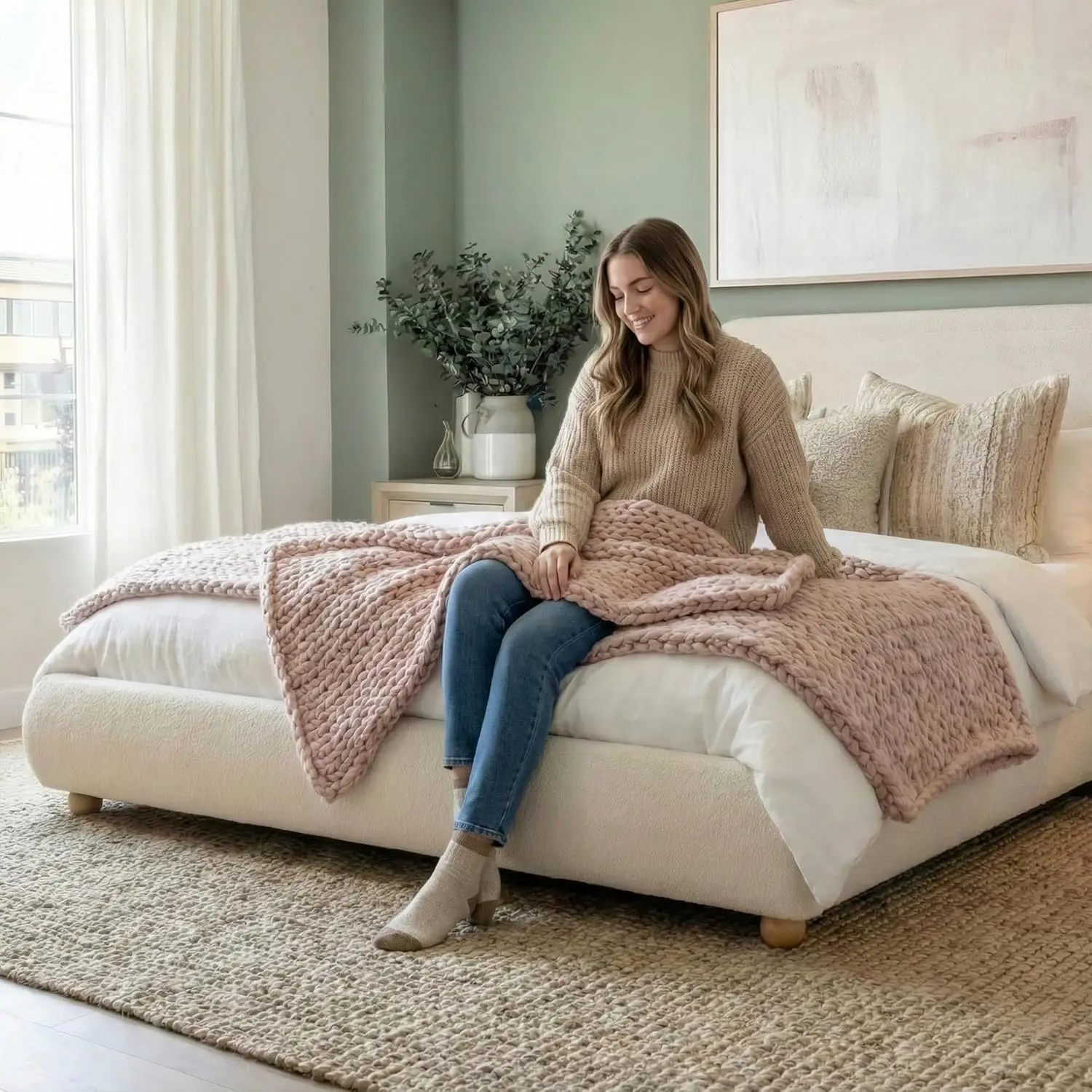Full Size Upholstered Bed Frame Boucle Rounded Headboard Solid Wood Legs Boho Easy Assembly No Box Spring Needed, Customized image 5