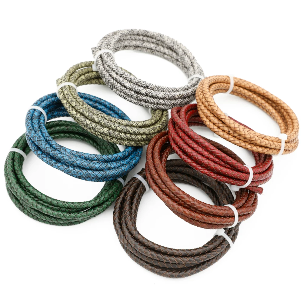 2 Meter Retro-Farben Geflochtenes Echtleder-Armband-Zubehör 6mm Runde Lederschnur Seil DIY Halsketten- und Armbandherstellung – Detail 3