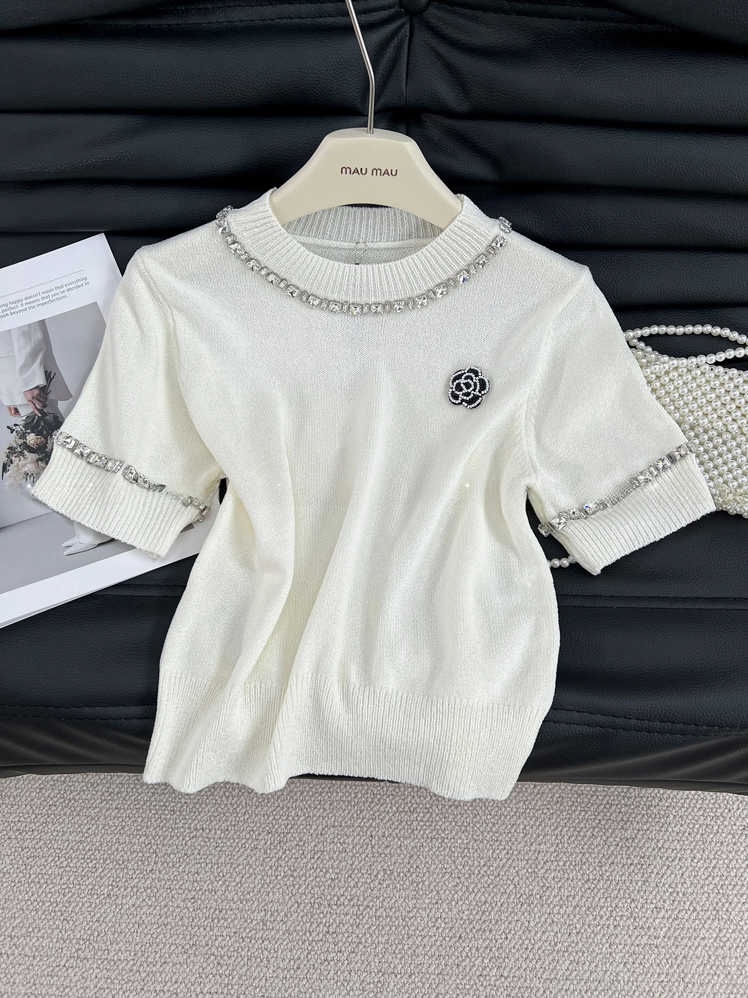 

Ele Summer New ort Sve футболка женская вязаная круглая футболка Ne Heavy Embellied Diamond Tea Flower Pattern Ciwalk Top