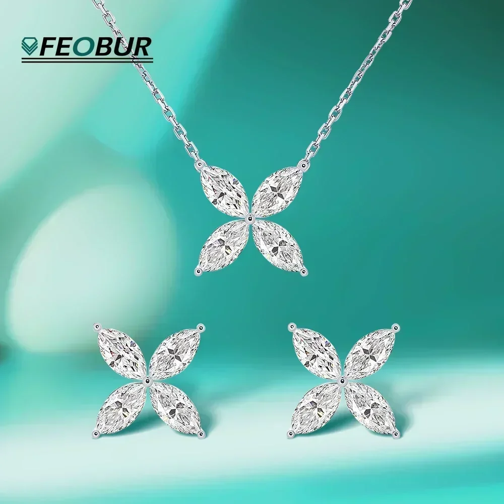 Zestaw biżuterii z moissanitem w kształcie motyla 3.6CT dla kobiet, srebro próby S925, naszyjnik z zawieszką w kształcie markizy, kolczyki w kształcie koniczyny, prezent.