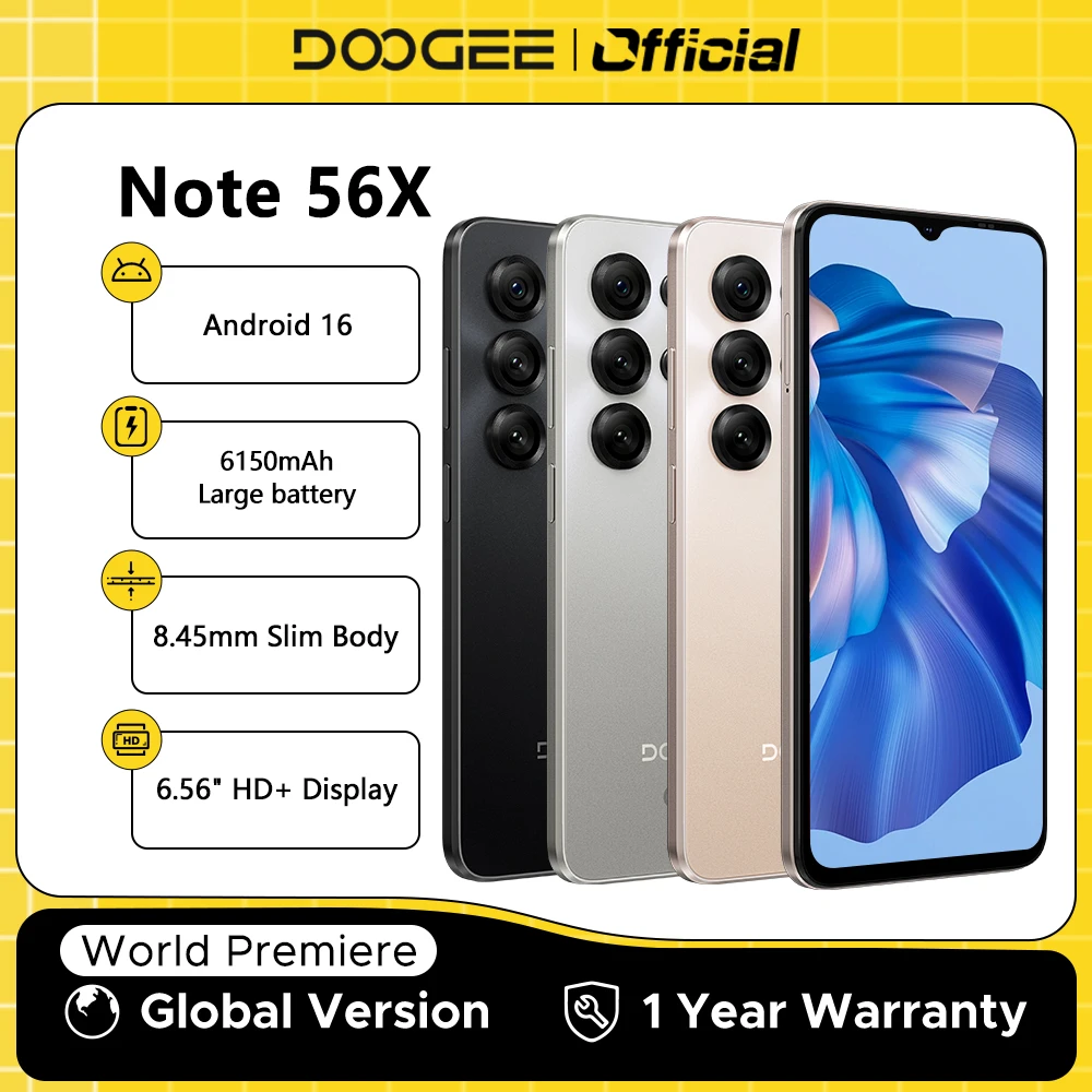 DOOGEE Note56 X 5G mobiele telefoon 8,45 mm slank lichaam 6,56 "90 Hz scherm Android 16 6150 mAh batterij Al scèneherkenning smartphone