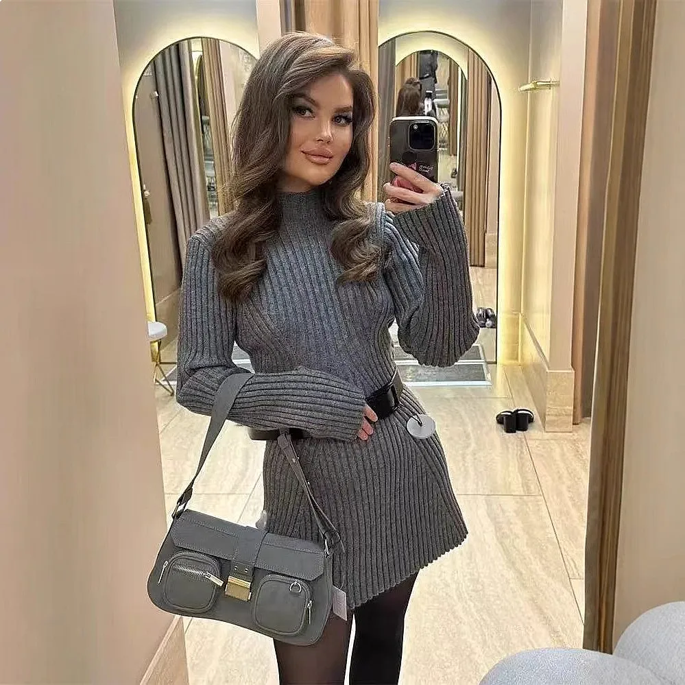 Knitted Bodycon Dress Women Turtleneck Slim Fit Short Mini Dress Fall Winter Solid Color Elegant Knitwear