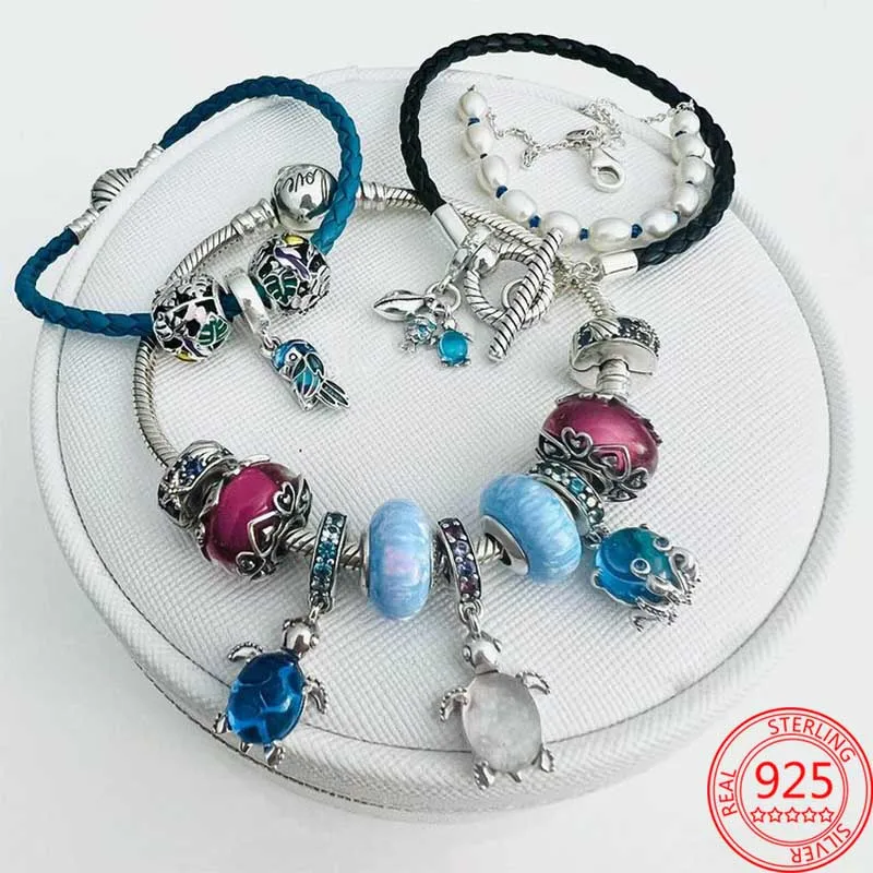 Bunter Muranoglas-Charm mit rosa und blauer Meeresschildkröte, passend für Pandora-Armbänder, 925er Sterlingsilber, Damen-Schmuckzubehör