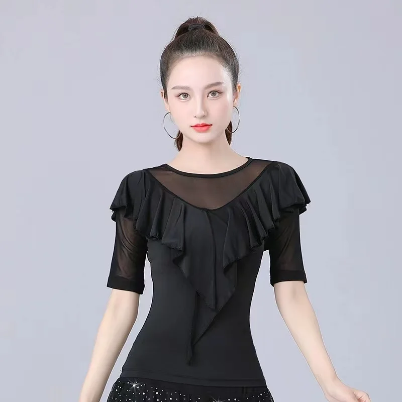 Women's Latin dance wear Adult Modern dance attire Irregular Gitba social dance Pleated Tango Chacha Stage dance suit women tops