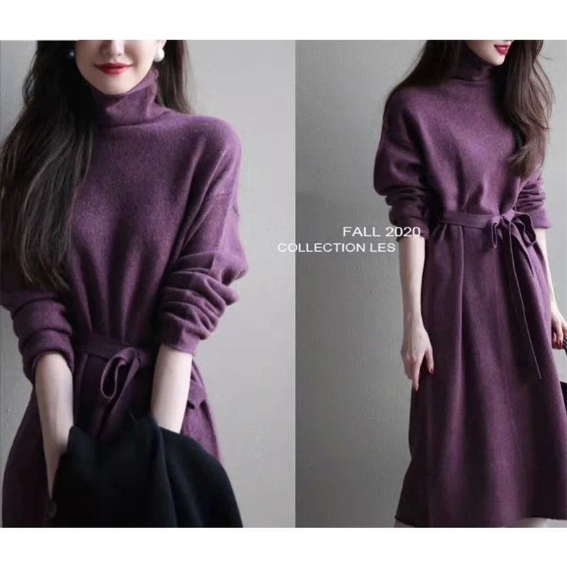 Goddess Fan Tie Waist Bottoming Long Skirt High Neck Knitted Dress Mid-Length Over-The-Knee Sweater Pullover Women