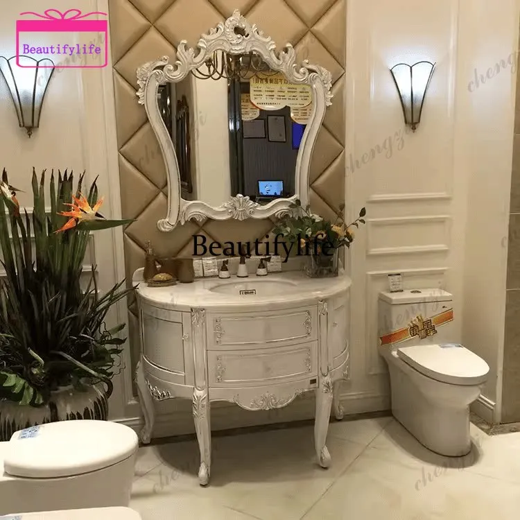 Curved semicircular European bathroom cabinet Oak solid wood bathroom washbasin cabinet