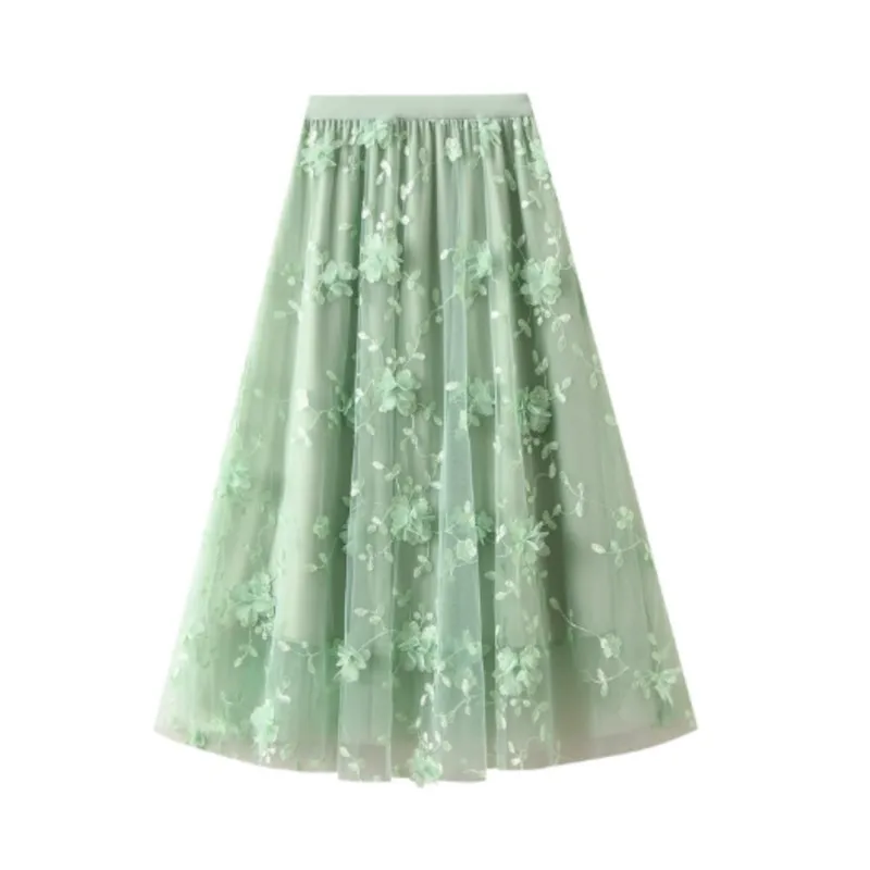 

Gauze embroidery heavy industry skirt large size gauze skirt 2024 spring new a word literary high waist long skirt