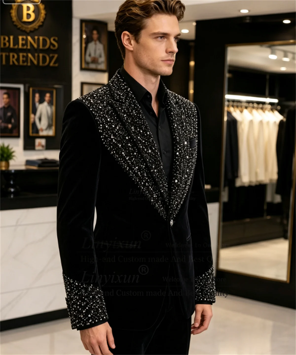 High End Ornament Crystals Tuxedos Men Suits 2 Pieces Sets Groom Male Blazers Customized Peaked Lapel Wedding Party ropa hombre