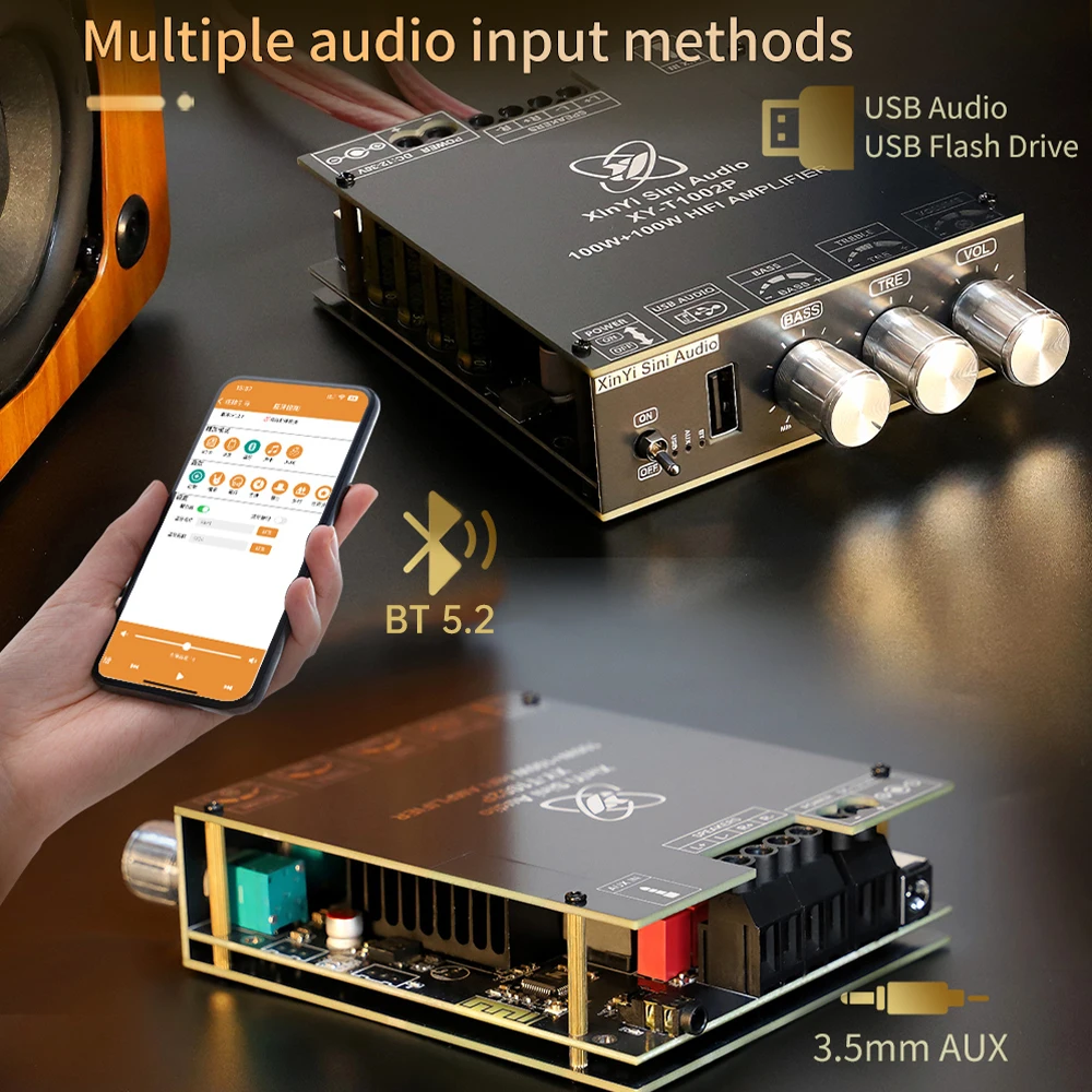 XY-T1002P Digital Audio Power Amplifier Board Bluetooth 5.2 100W*2 Stereo Sound Amplifiers AMP Module TPA3221 AUX U Disk USB
