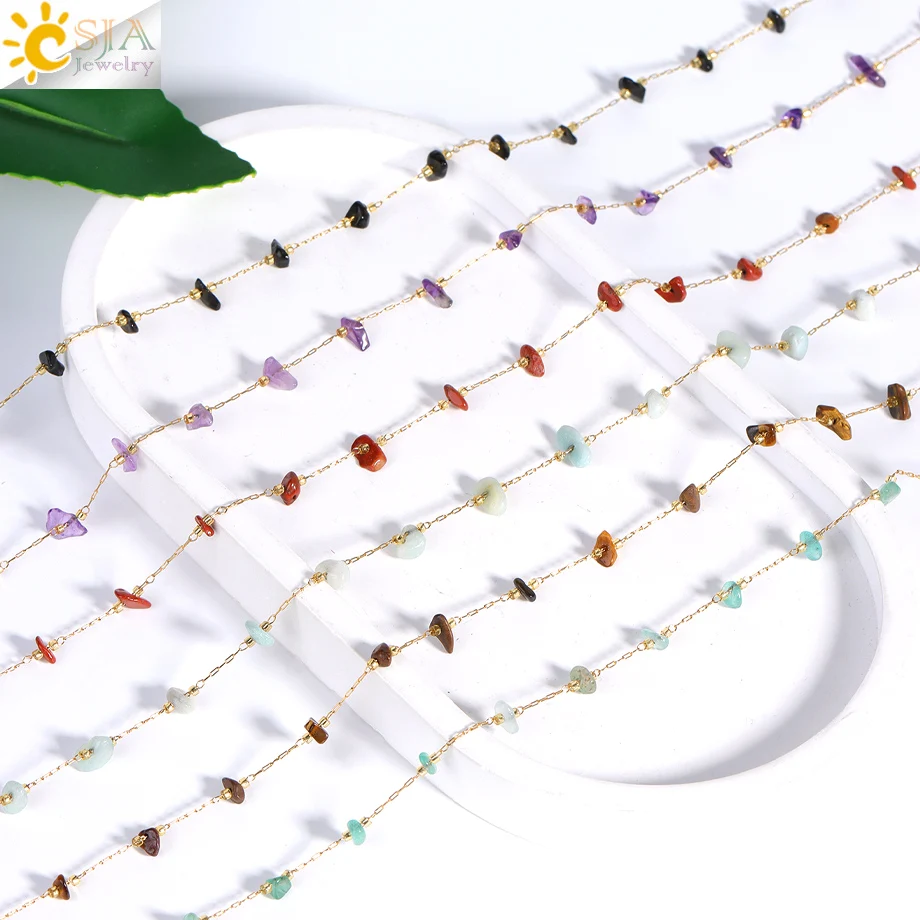 CSJA Natural Chip Bead Necklace Gold Color Stainless Steel Chain Choker Healing Amethysts Tiger Eye Pink Quartz Jewelry H530