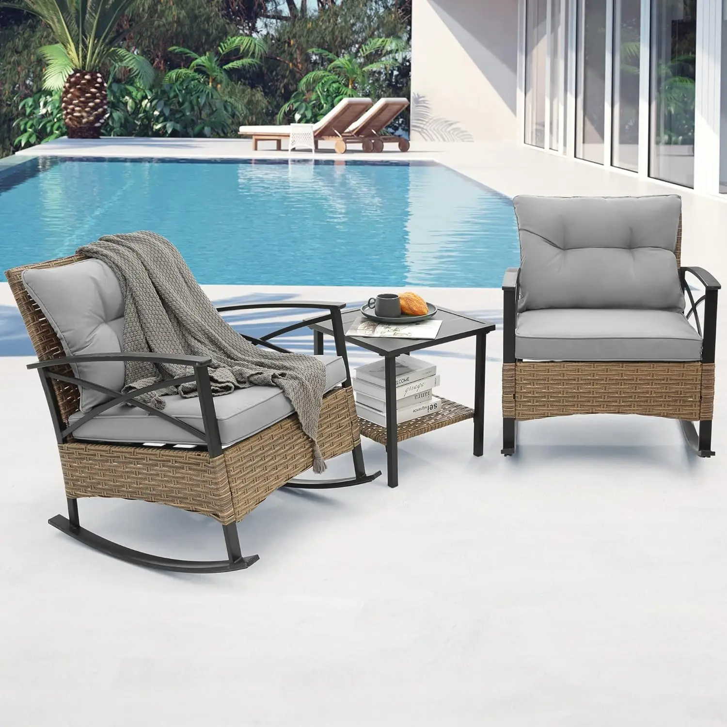 Outdoor Rocking Chairs Set,3/4 Pieces Patio Bistro Set Outside Furniture Loveseat 2 Wicker Rocker Chairs with Cushions and Table