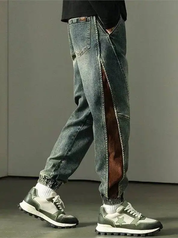 

Мужские джинсы-харланы в американском стиле, свободного кроя, весна 2026, модные, плотные, ретро, с эффектом потертости, с декоративными вставками, с отворотами, длинные брюки