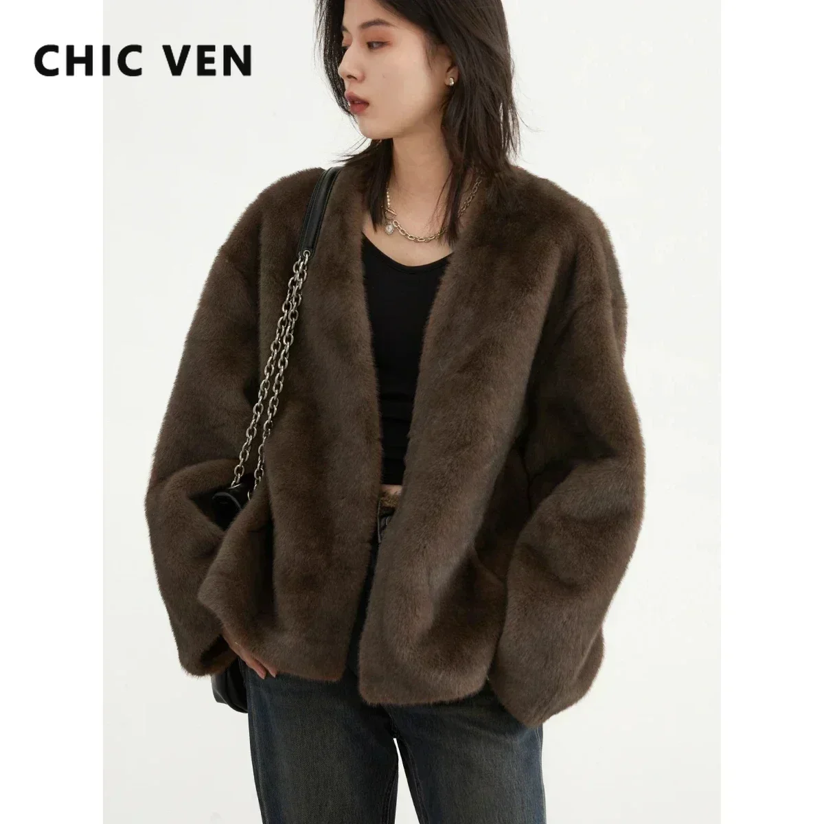 CHIC VEN-chaqueta holgada informal para mujer, abrigo liso de felpa con cuello en V, prendas de vestir exteriores, otoño e invierno, 2023