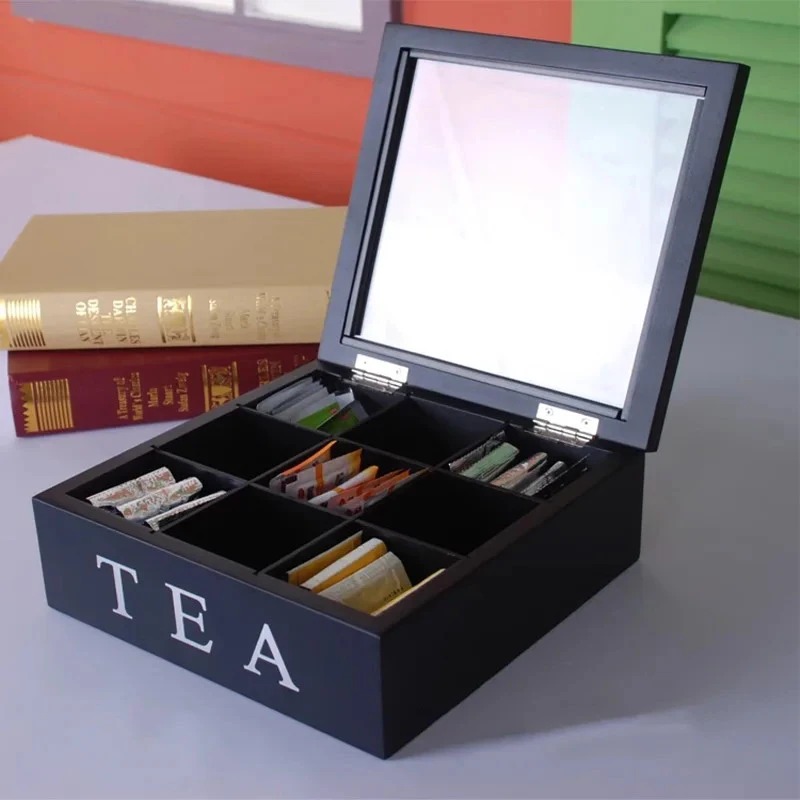 Wood Tea Bag Storage Box With Clear Lid 9 Compartments Square Container Desktop Jewelry Organizer Tea Box Case