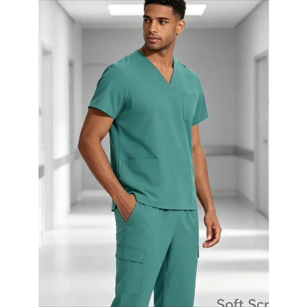 Mens V Neck Short Sleeve Quick Dry Scrub Set with Pockets Lightweight Workwear for Salon Clinic and Gym