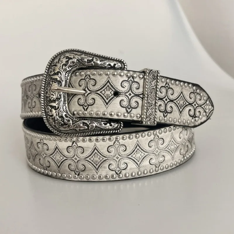 1PCS Scroll Pattern Worn Color Finish Adjustable Pin Buckle Soft PU Belt Alt Streetwear Performance Styling Accessory