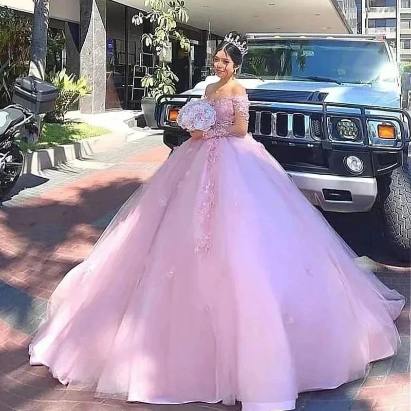 Vestido de baile rosa de mangas compridas, vestidos Quinceanera, apliques de renda, baile formal, 15 anos de aniversário