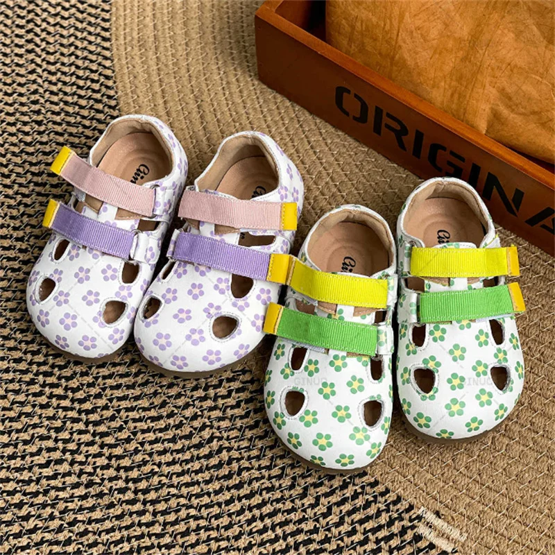 New Baby Shoes Leather Cut-outs Toddler Girls Barefoot Shoes Soft Sole Outdoor Tennis Fashion Little Kids Sandals 18-25