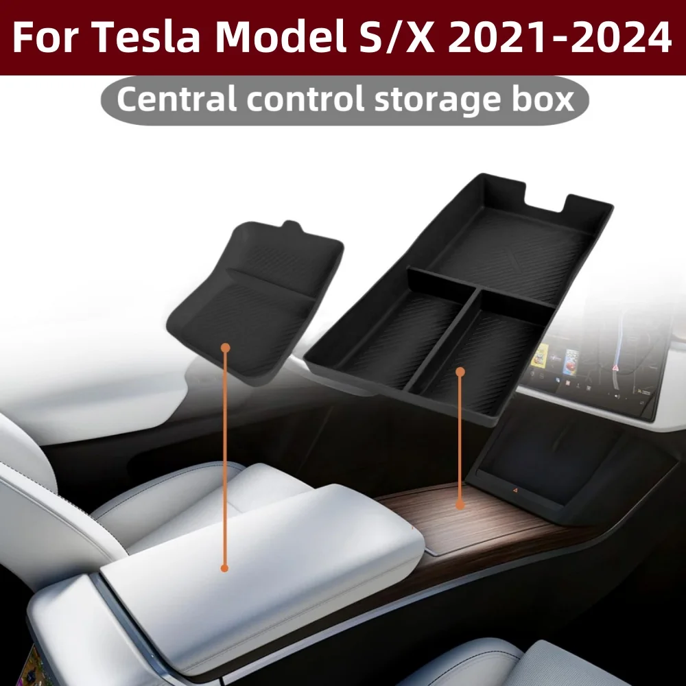 For Tesla Model S/X 2021-2024 Center Console Organizer Tray Pad,Silicone Console Armrest Storage Box Interior Accessories