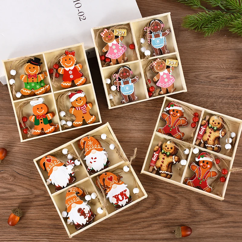 12pcs/box Christmas Tree Pendants Wooden Gnomes Gingerbread Man Hanging Oranment 2024 Navidad Decorations For Home New Year Gift