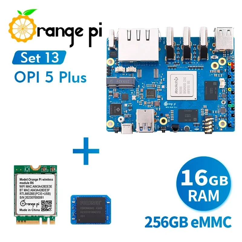 Orange Pi 5 Plus 16G+R6 WiFi Module+256G EMMC Module, DDR4 RK3588 Dual Ethernet Mini PC Orange Pi5 Plus Single Board Computer