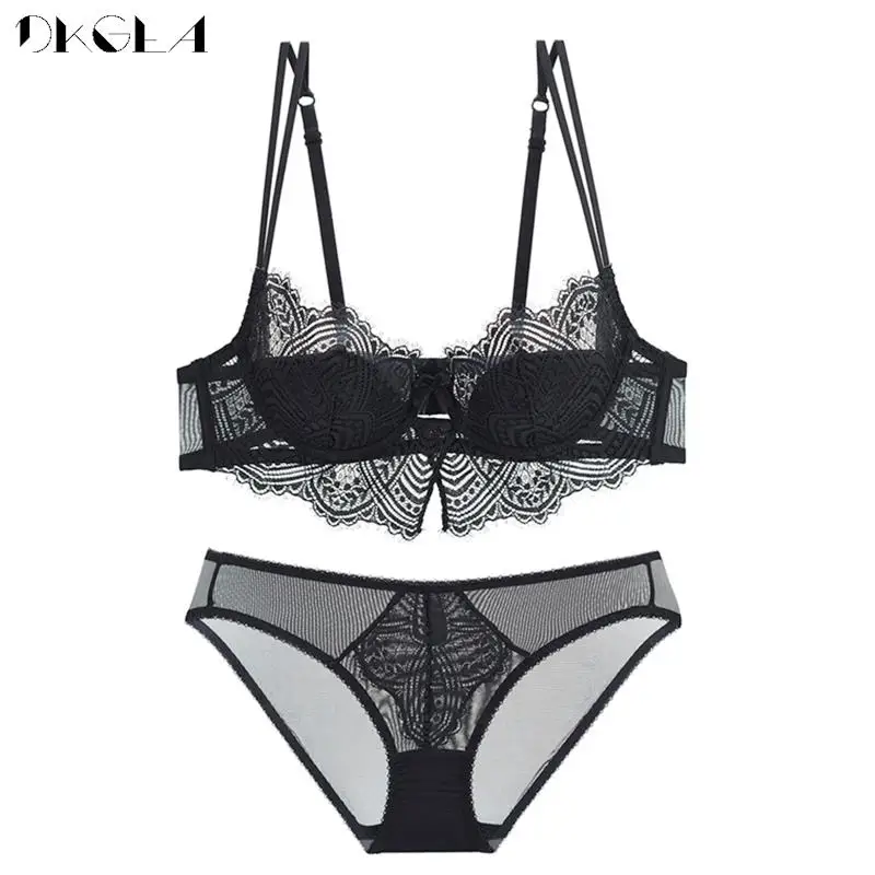 French Sexy Bra Set Thin Brassiere D E Cup Embroidery Black Lingerie Lace Underwear Set Plus Size Women Push Up Bra Lady Fashion