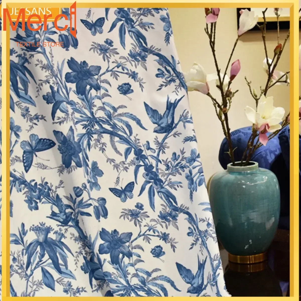 

Chinese Style Flowers Birds Butterflie Blue And White Printing Curtains For Living Room Bedroom French Window Balcony Customized