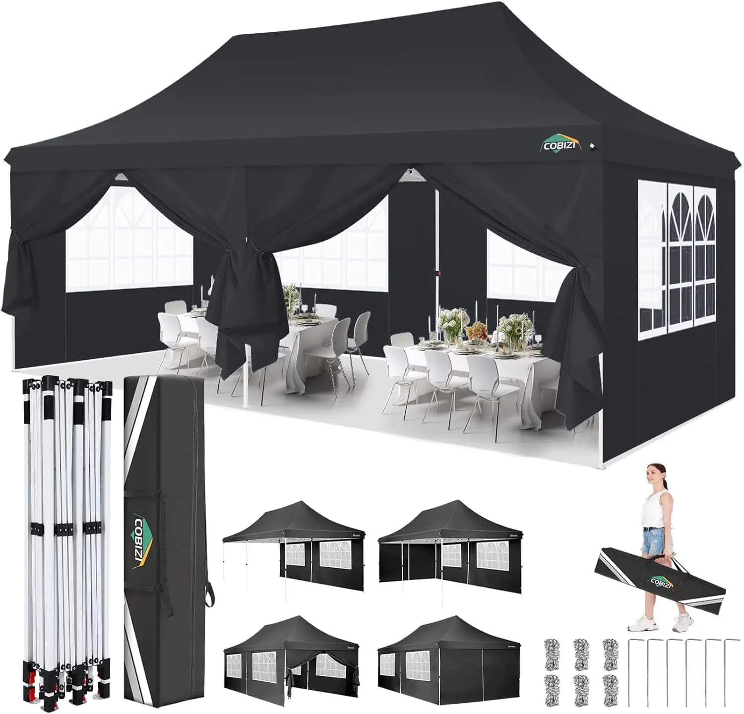 COBIZI 10x20 Pop Up Canopy Tent with Sidewalls, Commercial Ez Up Canopy, 3 Adjustable Heights, Waterproof and UV Protection 50+,