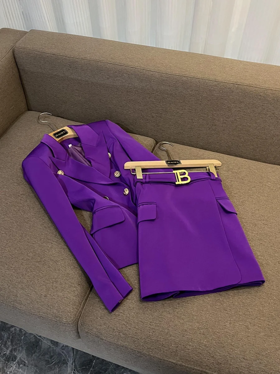 

Темно-фиолетовый комплект костюма с юбкой на пуговицах B Long Sve, двубортная модная женская рабочая одежда, комплект для поездок на работу, JF-